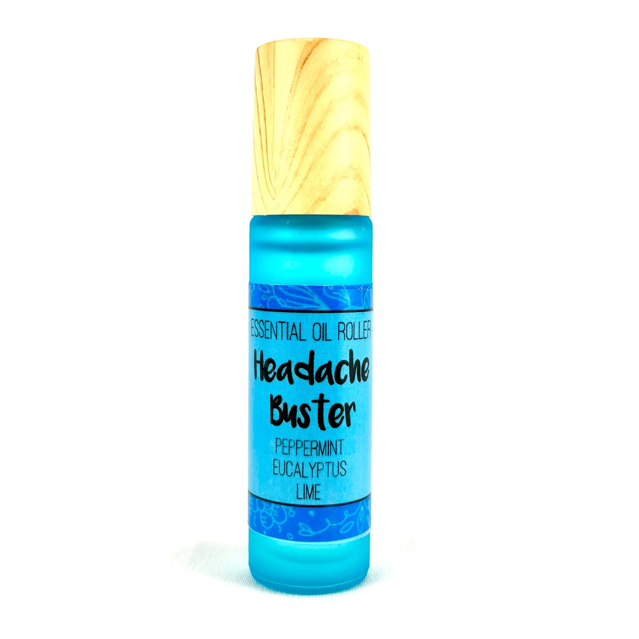 Essential oil roller bottle labeled 'Headache Buster' with a wooden cap on a white background