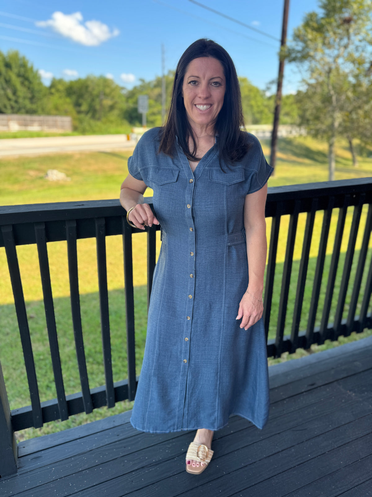Ellie Contrast Stitch Collared Midi Dress-Denim