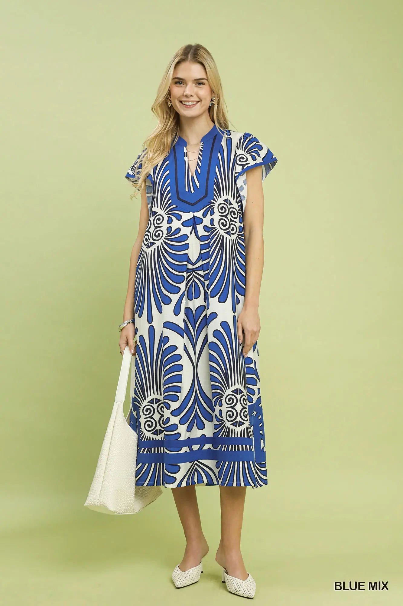Amy Mix Bold Print Flutter Sleeve Midi Dress