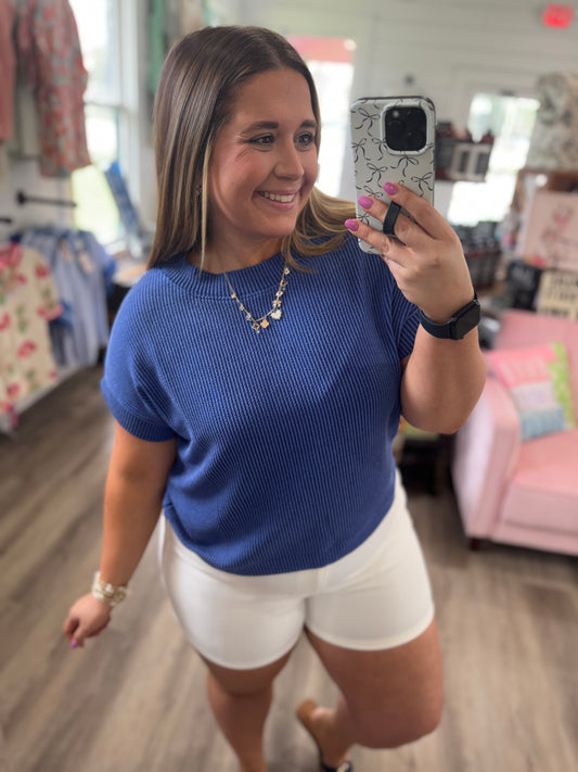 Kellee Rib Cap Sleeve Top- Blue