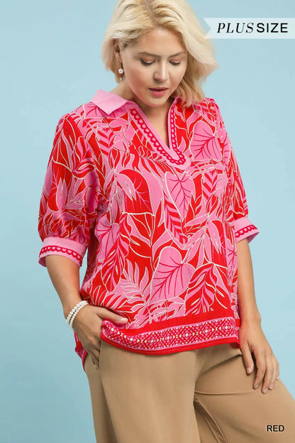 Liz Tropical Print Puff Sleeve Blouse-Red