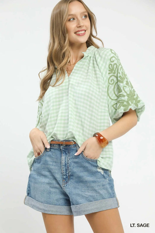 Monica Gingham Embroidered Balloon Sleeve Top