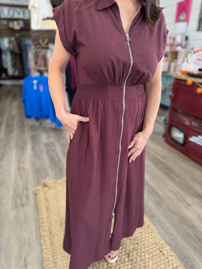 Rebecca Zip-Up Collared Pocket Midi Dress-Wine