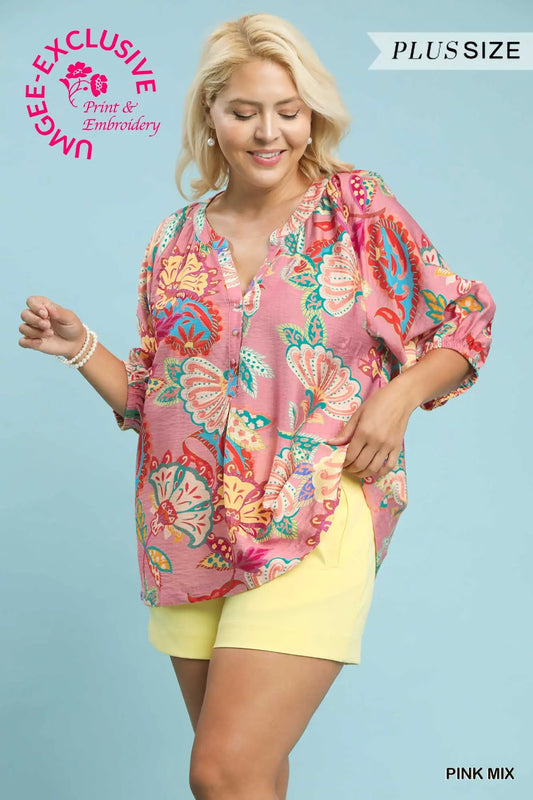 Sandra Paisley Print V-Neck Top-Pink Mix