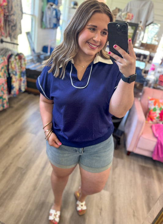 Christian Contrast Collar Soft Knit Polo Top- Navy