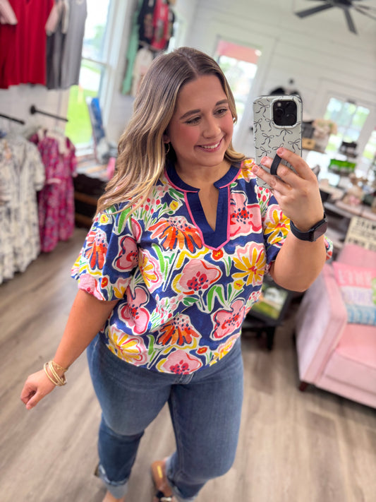 Kendall V-Neck Floral Print Top-Blue