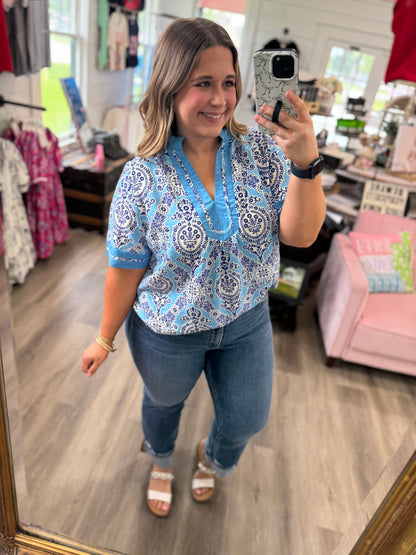 Amber Abstract Print V-Neck Top