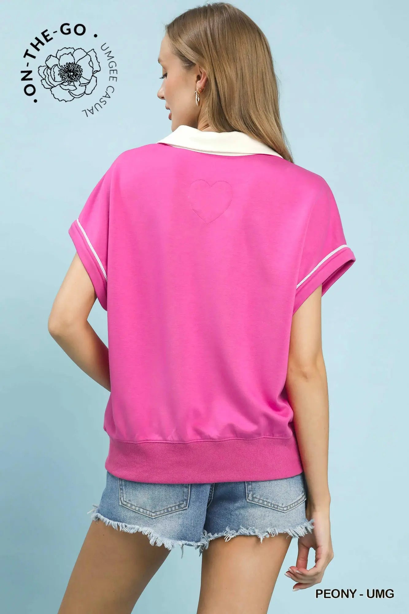 Christian Contrast Collar Soft Knit Polo Top- Peony