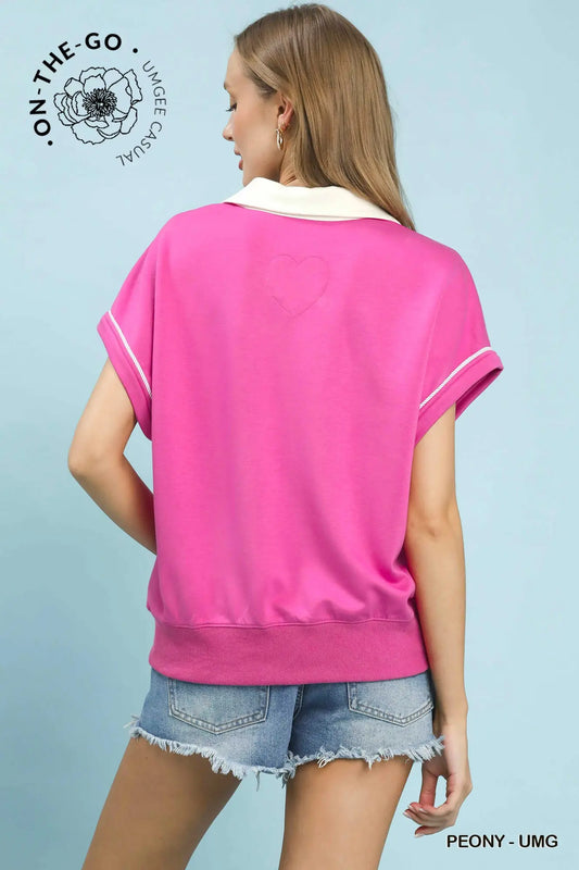 Christian Contrast Collar Soft Knit Polo Top- Peony