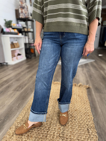 High Rise Cuffed Ankle Straight Jeans