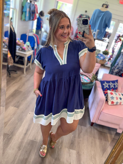 Kelsie Linen Color Block Flutter Sleeve Dress