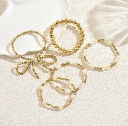 Bowknot Gold & Pearl Bracelet Set