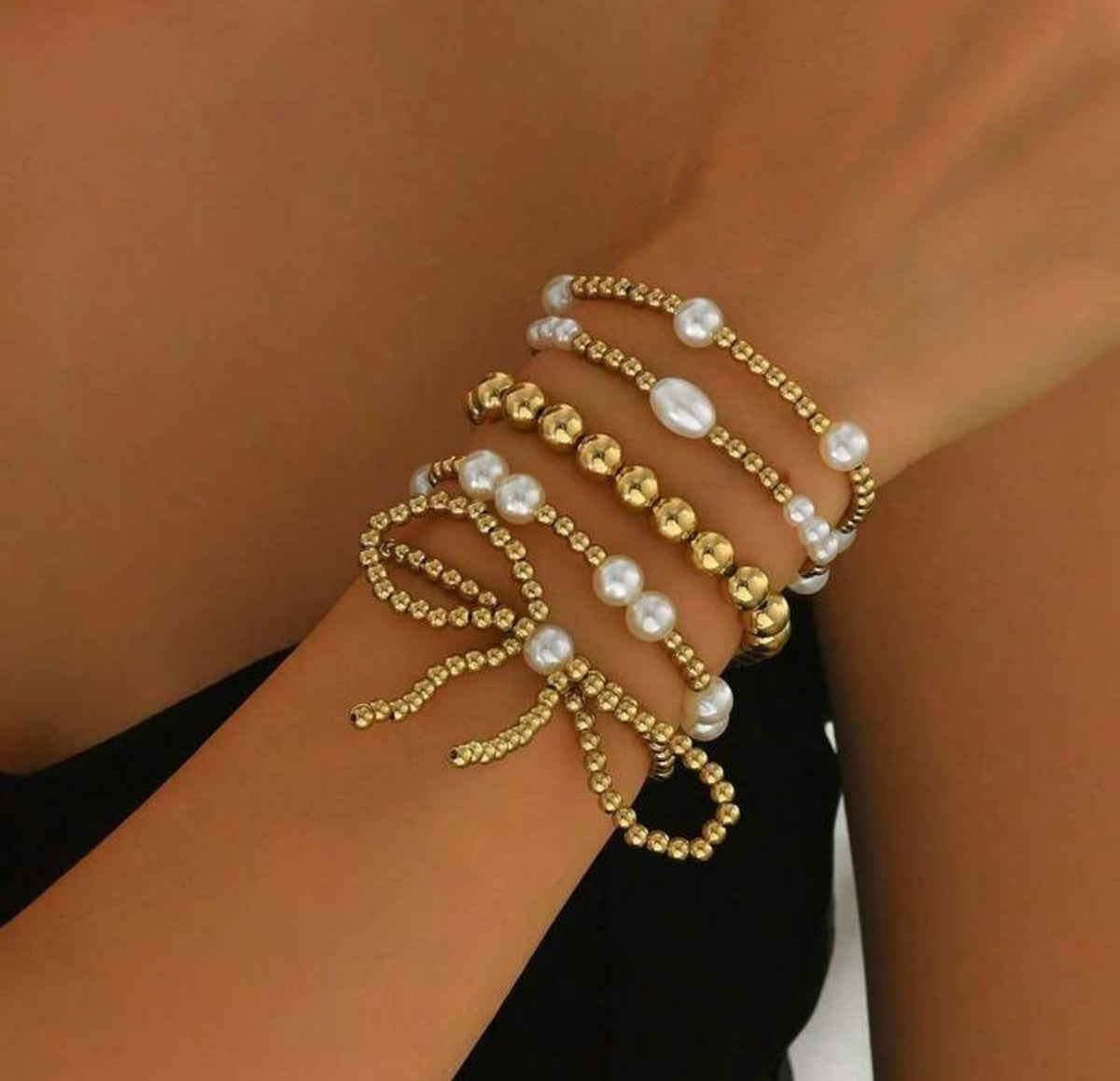 Bowknot Gold & Pearl Bracelet Set