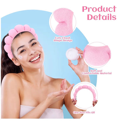 Woman using a pink cloud-shaped hair accessory with product details on a blue background