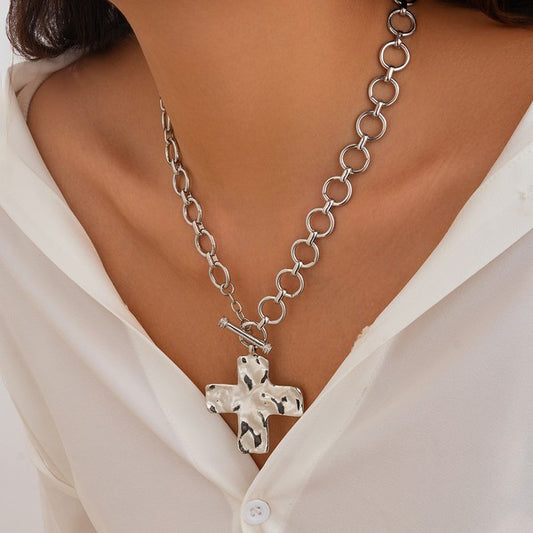 Hammered Cross Necklace-Silver