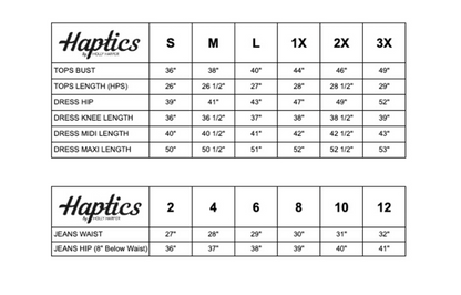 Size chart for clothing items with measurements in inches and centimeters.