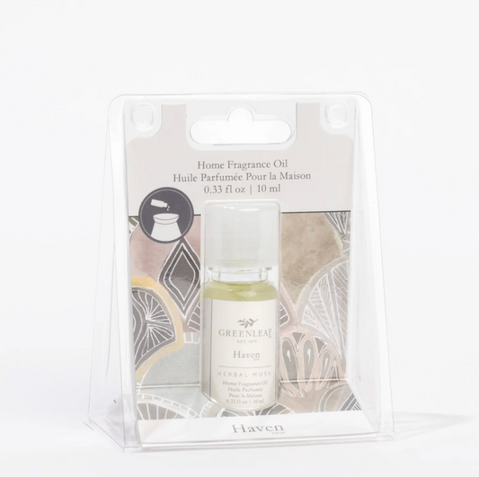 Greenleaf Haven herbal scent home fragrance oil in a 10 ml clear plastic blister pack with a white and gray patterned backing card.