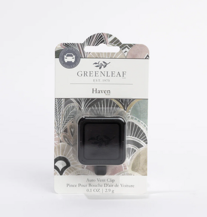 Greenleaf Haven car air vent clip in its original retail packaging, featuring a black clip inside a white and gray patterned card.