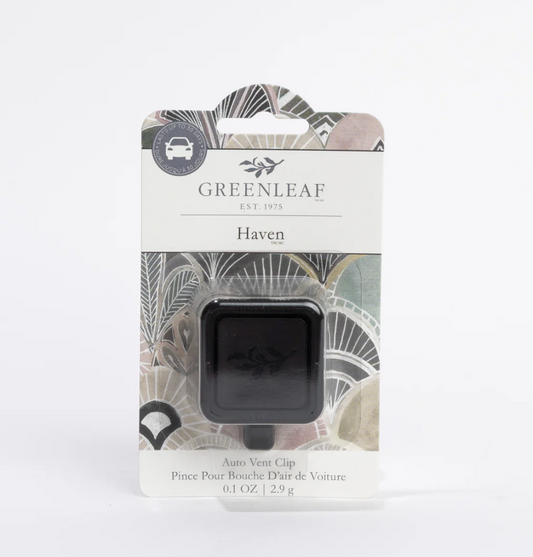 Greenleaf Haven car air vent clip in its original retail packaging, featuring a black clip inside a white and gray patterned card.