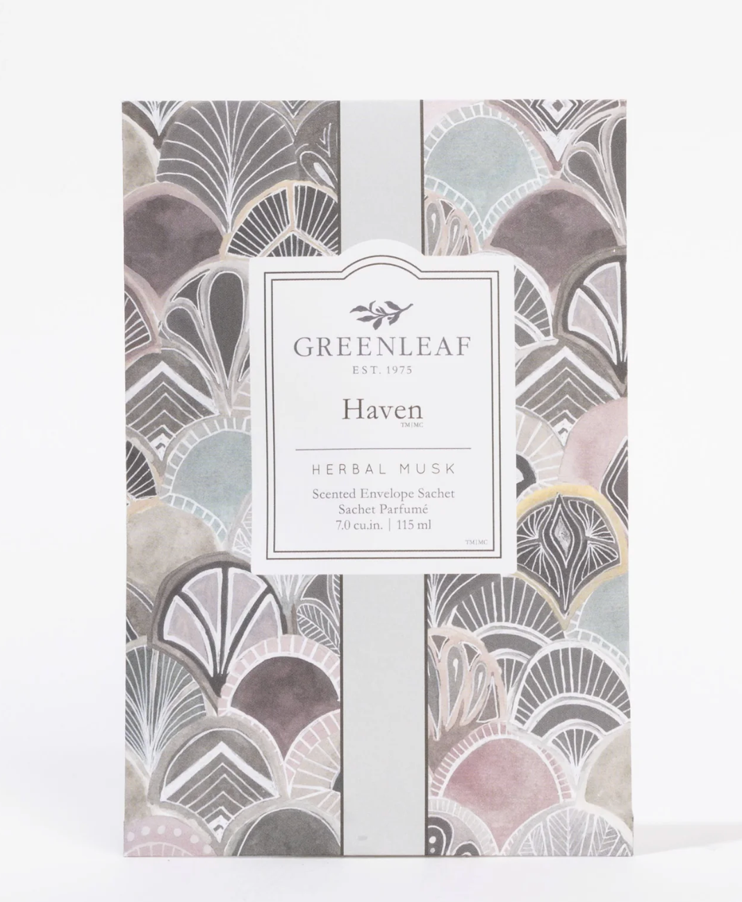 Greenleaf Haven Herbal Musk scented envelope sachet in a patterned paper sleeve with a central white label, photographed on a clean white background.