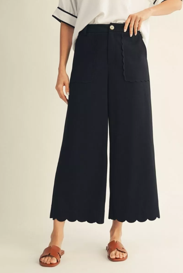 Heather Wide Leg Solid Scallop Hem Pants