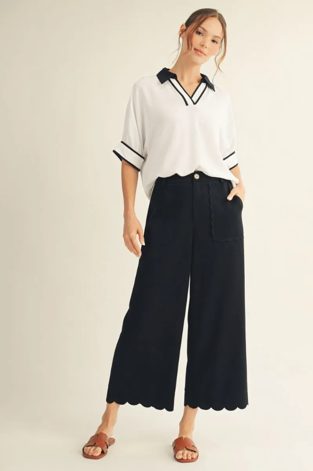 Heather Wide Leg Solid Scallop Hem Pants