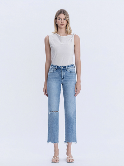 High Rise Distressed Right Knee Straight Jeans