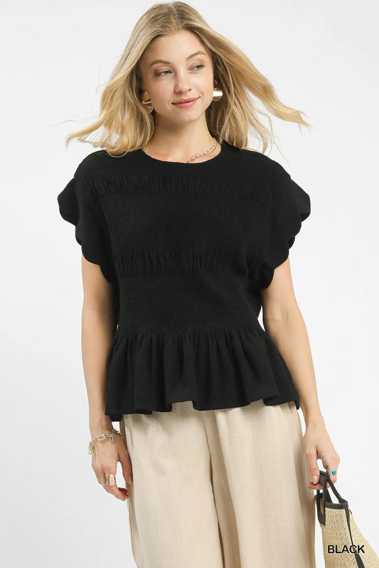 Kacie Linen Smocked Peplum Top-Black