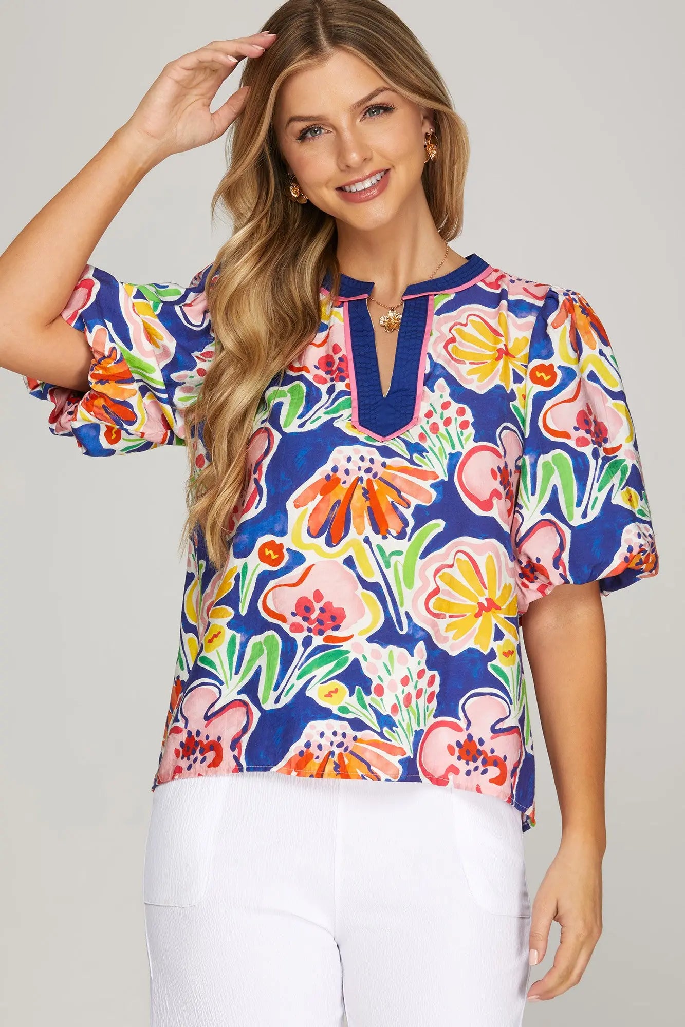 Kendall V-Neck Floral Print Top-Blue
