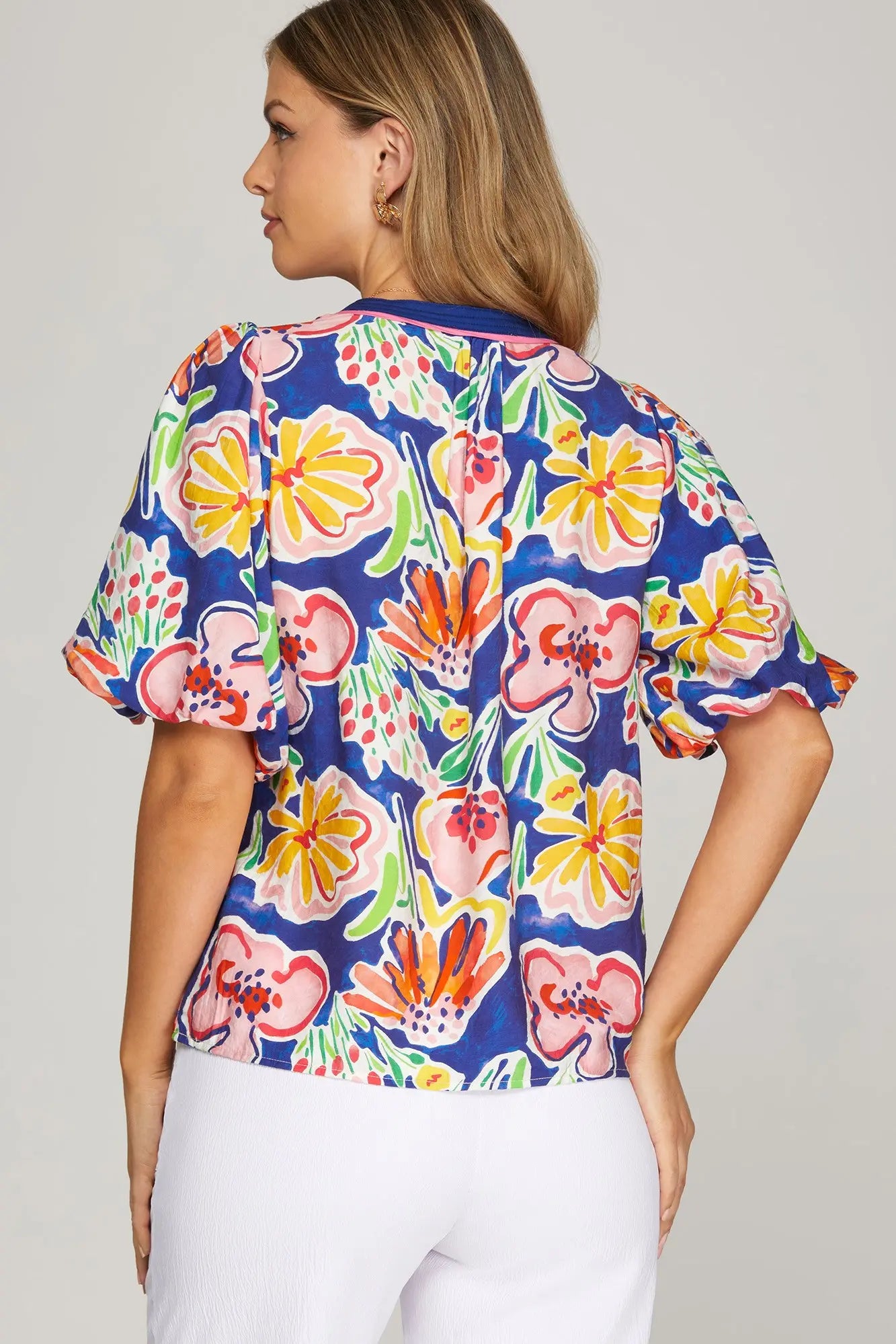 Kendall V-Neck Floral Print Top-Blue
