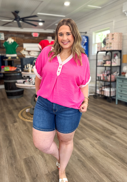 Tonya Oversized Contrast Stripe Trim Top-Pink