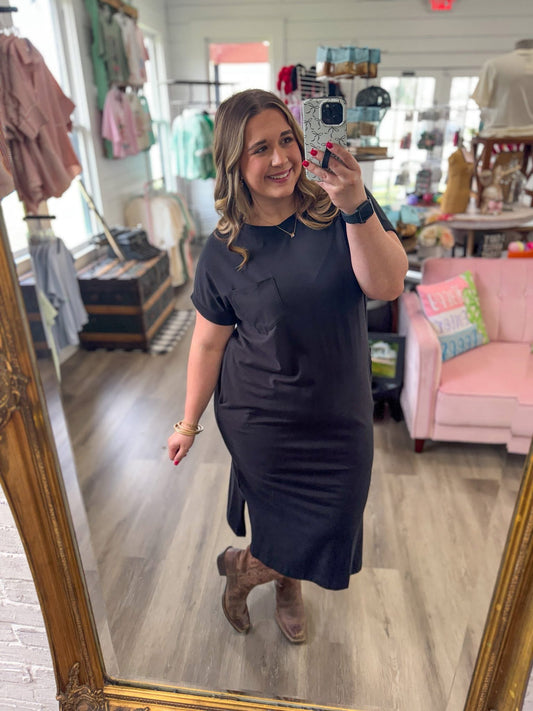 Emmah Solid Midi Dress-Black