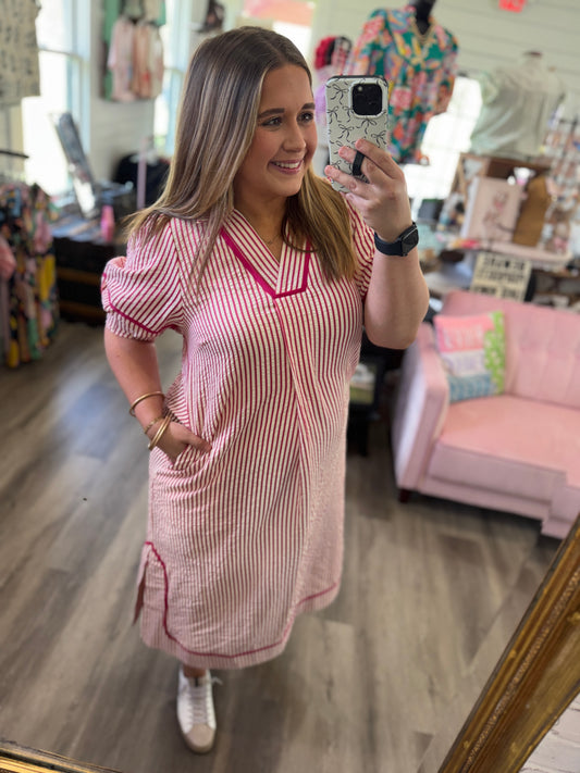 Taylor Stripe Midi Dress-Raspberry