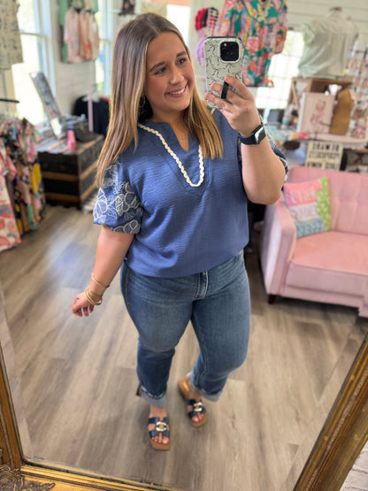 Lainey Embroidered Puff Sleeve Top-Denim Blue