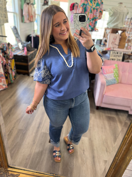 Lainey Embroidered Puff Sleeve Top-Denim Blue