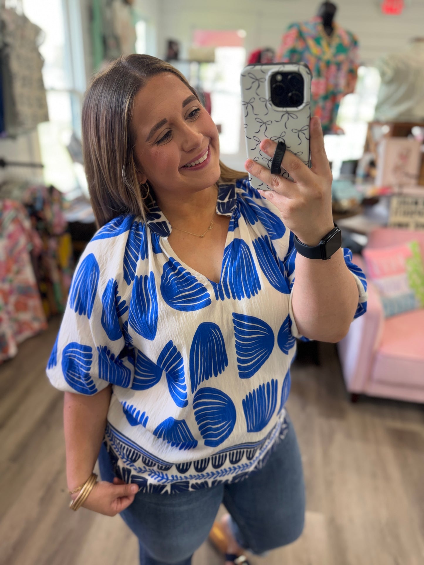 Ava Shell Block Border Print V-Neck Blouse