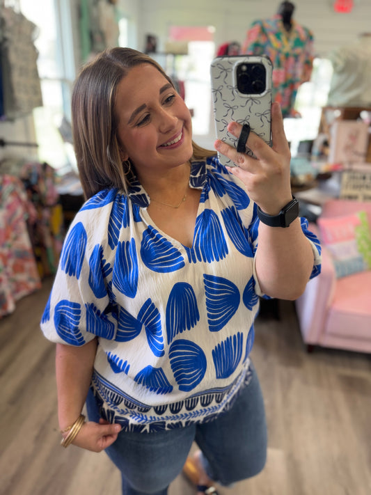 Ava Shell Block Border Print V-Neck Blouse