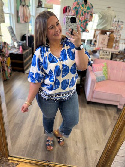 Ava Shell Block Border Print V-Neck Blouse