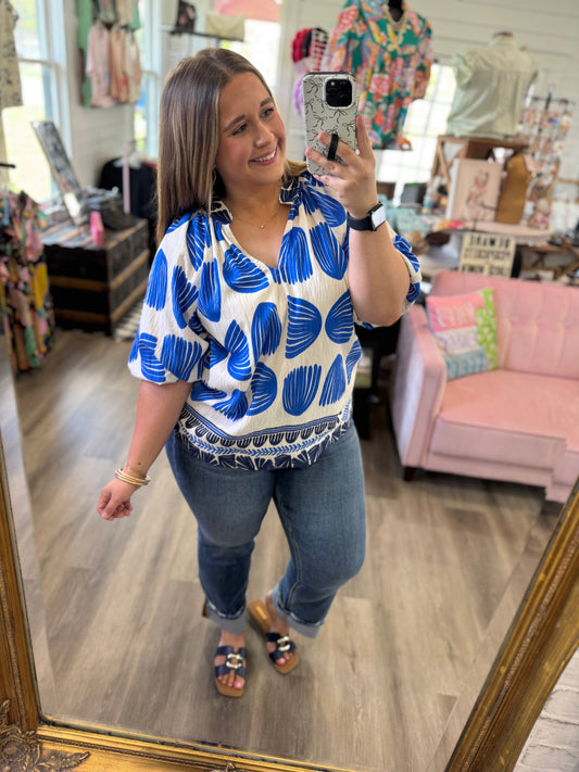 Ava Shell Block Border Print V-Neck Blouse