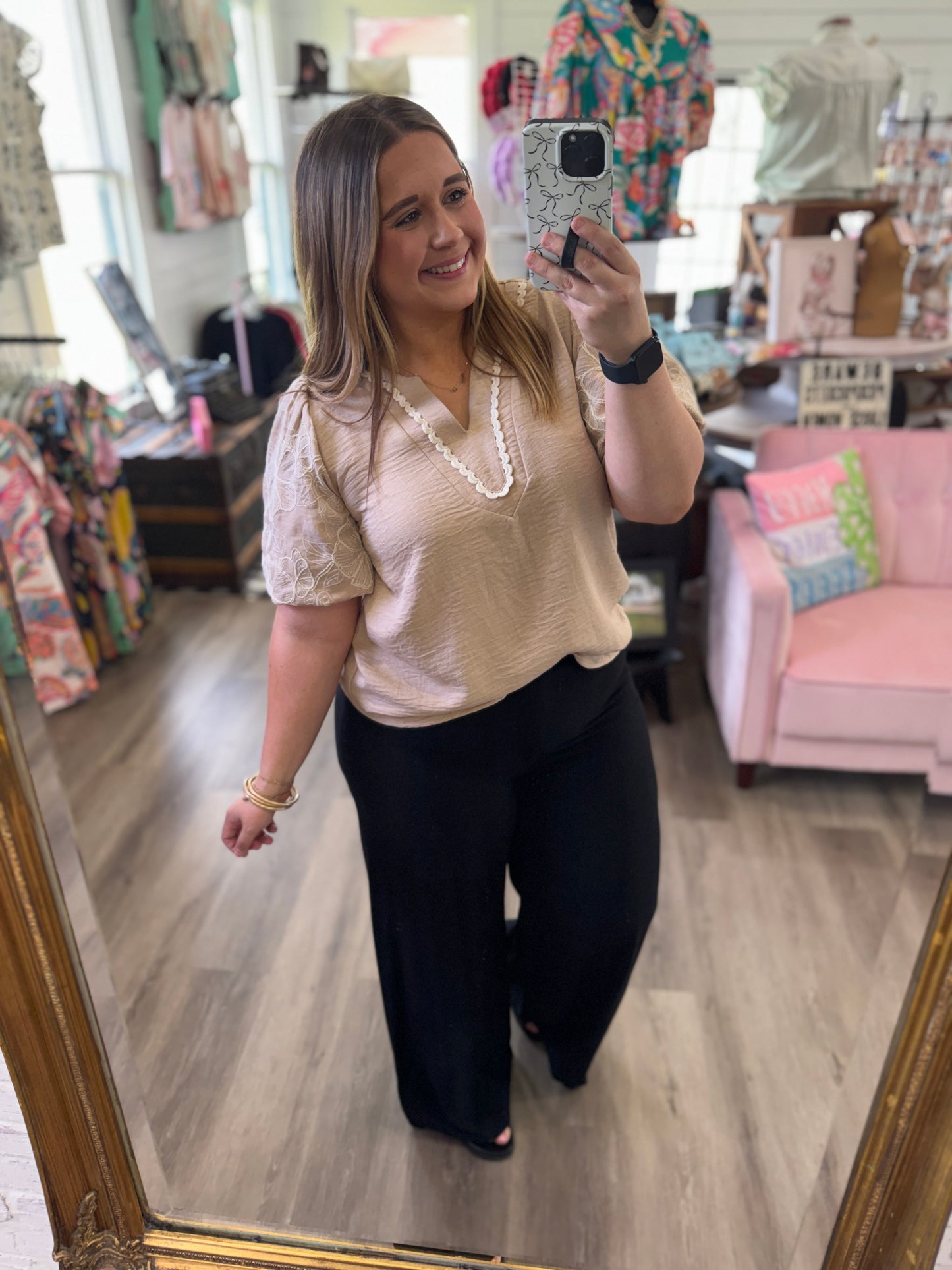 Lainey Embroidered Puff Sleeve Top-Taupe