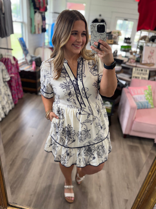 Jillian Piping Woven Print Tiered Dress