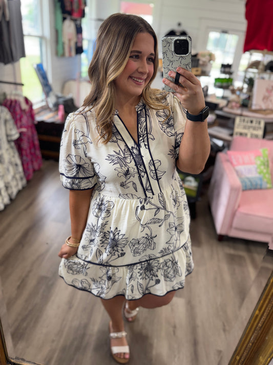 Jillian Piping Woven Print Tiered Dress