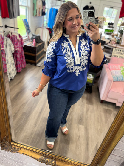 Hannah Embroidered Print Puff Sleeve Top