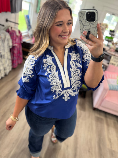Hannah Embroidered Print Puff Sleeve Top