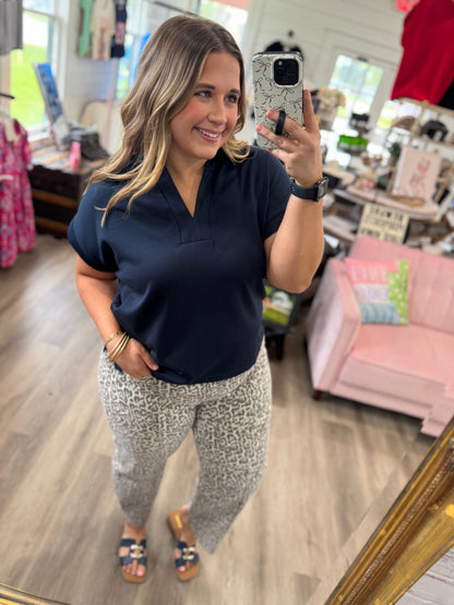 Sophie Luxe Knit V-Neck Top-Navy