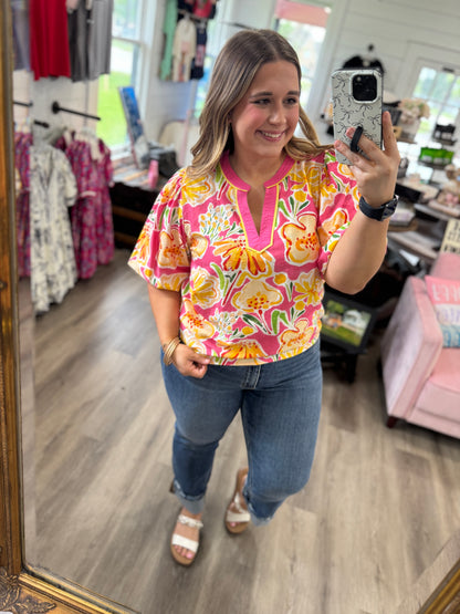 Kendall V-Neck Floral Print Top-Pink