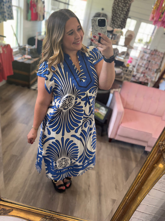 Amy Mix Bold Print Flutter Sleeve Midi Dress