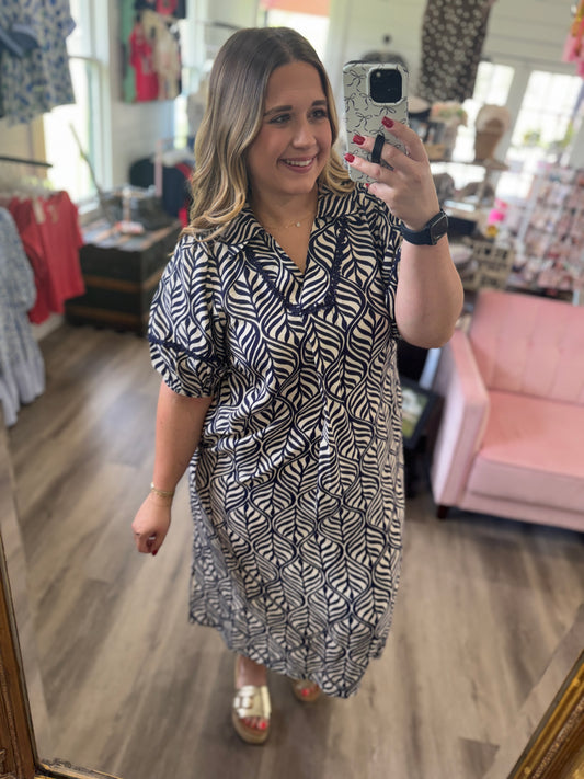 Lacey Printed Puff Sleeve Midi Dress with Pockets