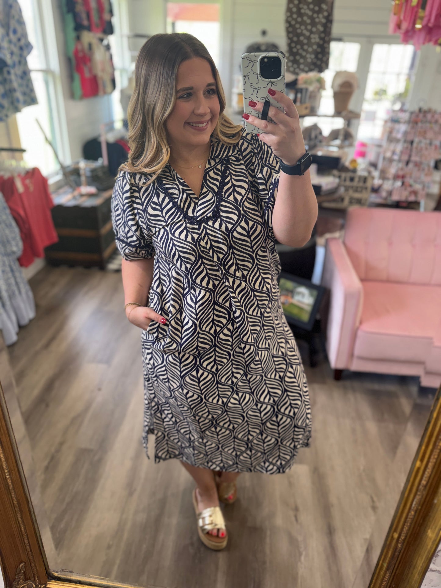 Lacey Printed Puff Sleeve Midi Dress with Pockets