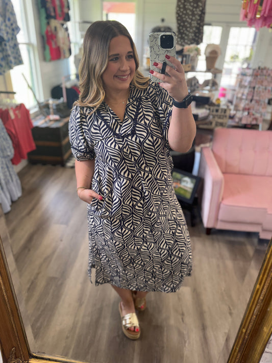 Lacey Printed Puff Sleeve Midi Dress with Pockets